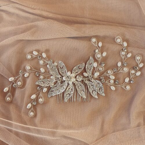 Pearl Vines Silver Leaves Pearl and Crystal Wedding Hair Comb