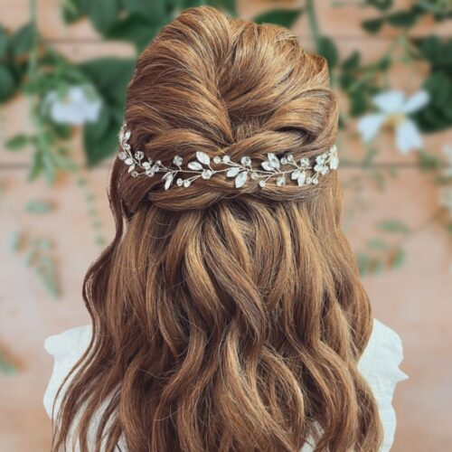 Tessa Long Silver Crystal Wedding Hair Vine