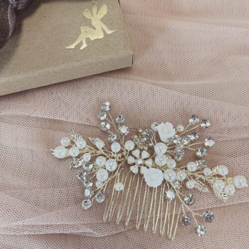 Gloria Gold Leaves Pearl and Crystal Wedding Hair Comb