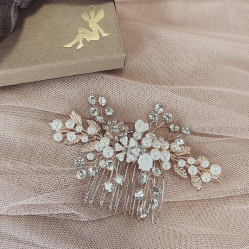 Gloria Rose Gold Leaves Pearl and Crystal Wedding Hair Comb