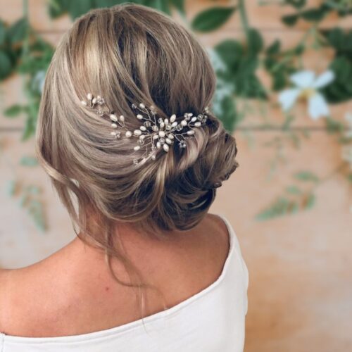 Rebecca Silver Cluster Crystal and Pearl Wedding Hair Vine