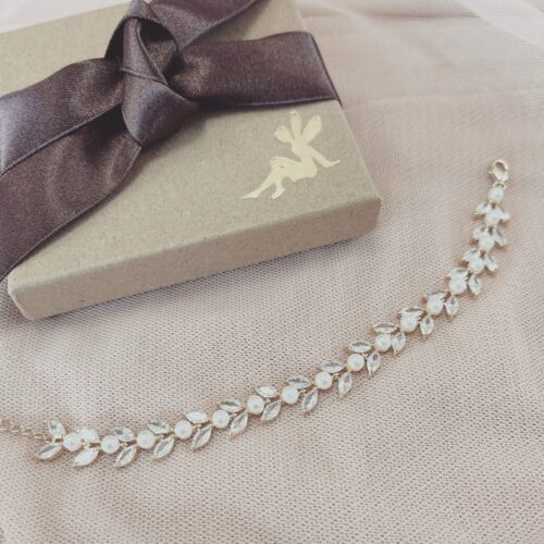 Cressida Gold Pearl and Crystal Leaf Wedding Bracelet