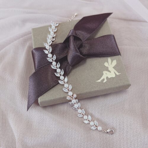 Cressida Rose Gold Pearl and Crystal Leaf Wedding Bracelet