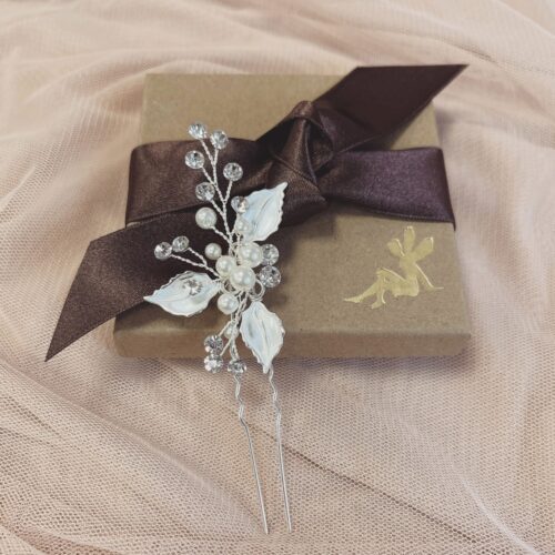 Millie Silver Leaves Crystal and Pearl Wedding Hair Pin